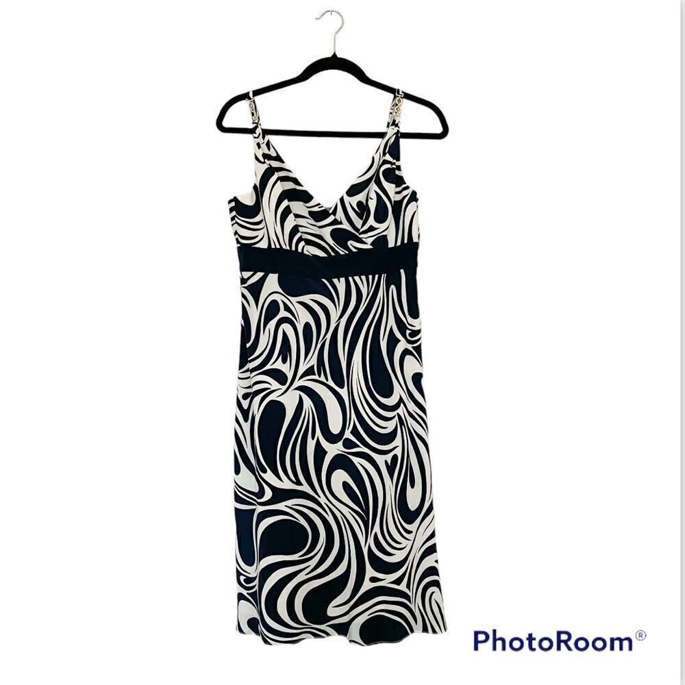 Ann Taylor  100% Silk Navy Blue White Abstract Spaghetti Strap Silk Dress